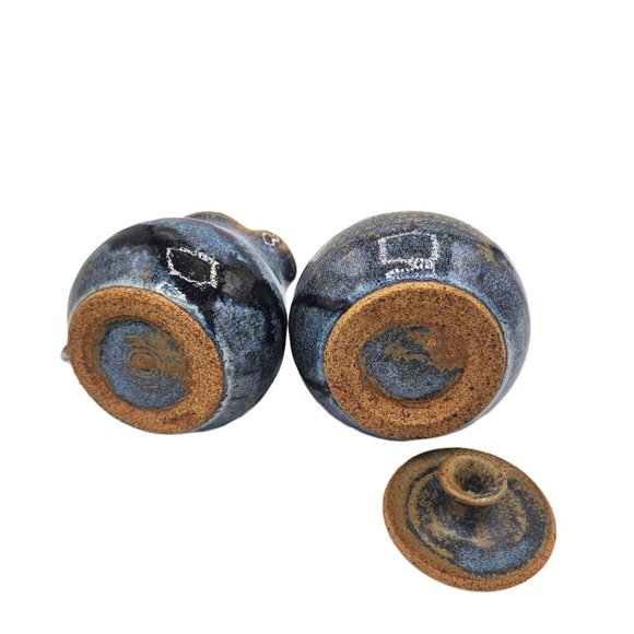 Hand Made Pottery Sugar with Lid and Creamer Set Blue Brown Rustic Clay Artisan - Picture 6 of 8